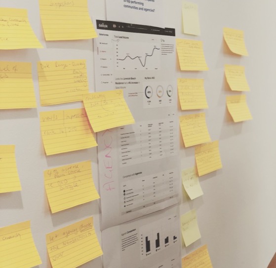 Brainstorming with the dubizzle team: a wall of sticky notes around printed screens