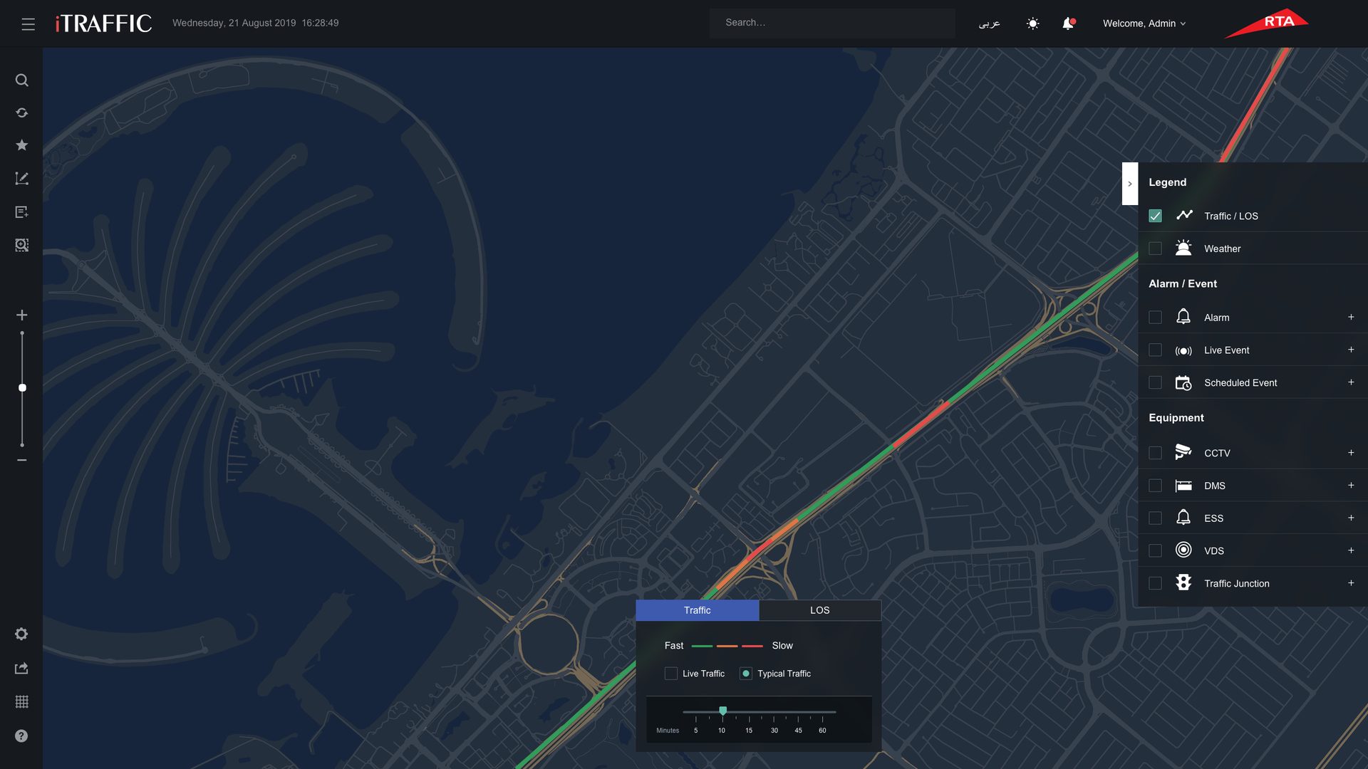 The same stretch of road with forecast traffic, and a timeline to look ahead