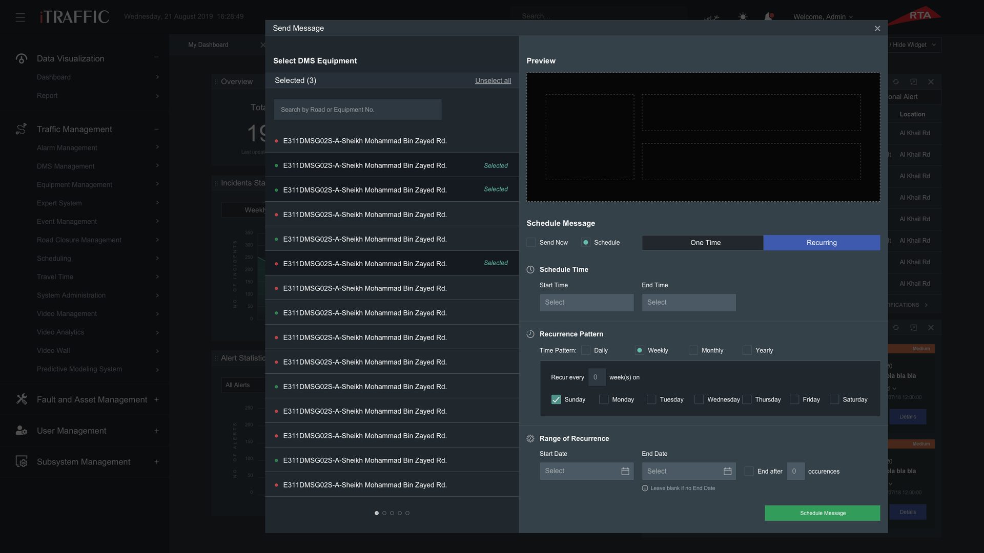 Choosing signs for a message and scheduling it to repeat, with a preview